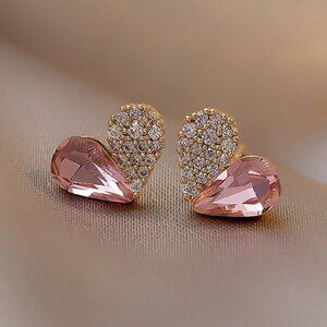 Pink & Silver Heart‎ Stud Earrings - Silver Pear Simulated Morganite Super Cute